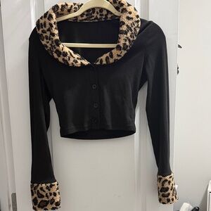 Black Cropped Cardigan with Leopard Trim